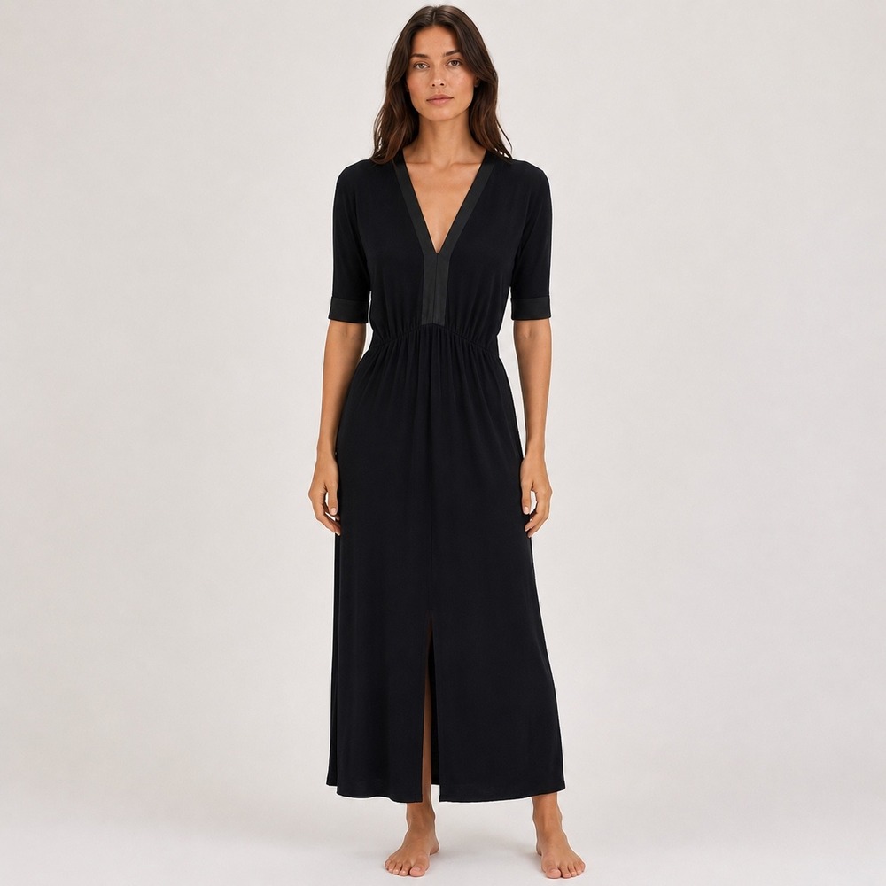Aura Maxi Dress Black V-Neck Elastic Waist Rayon Slit Women's XS S M Minimalist